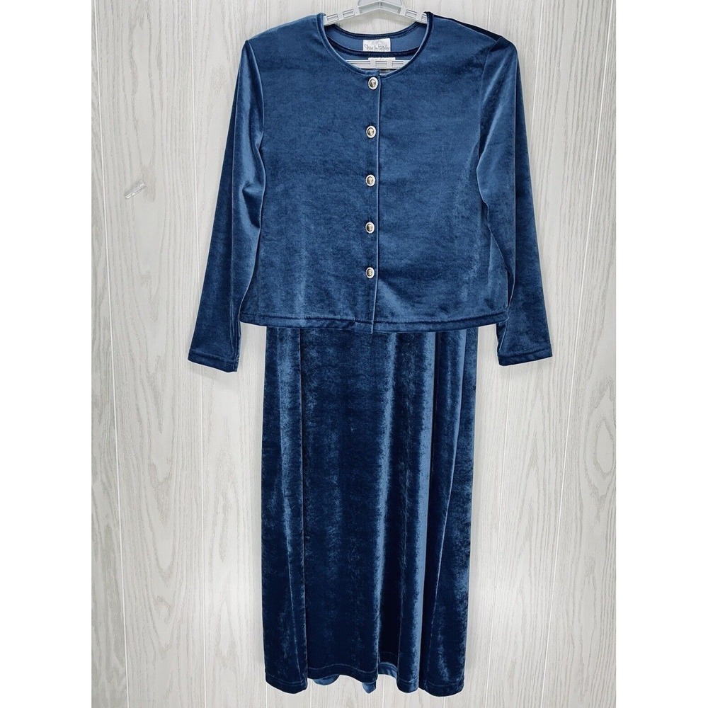 Diane Von Furstenberg Dress Jacket Set Large Blue Teal Velour Maxi Button Front